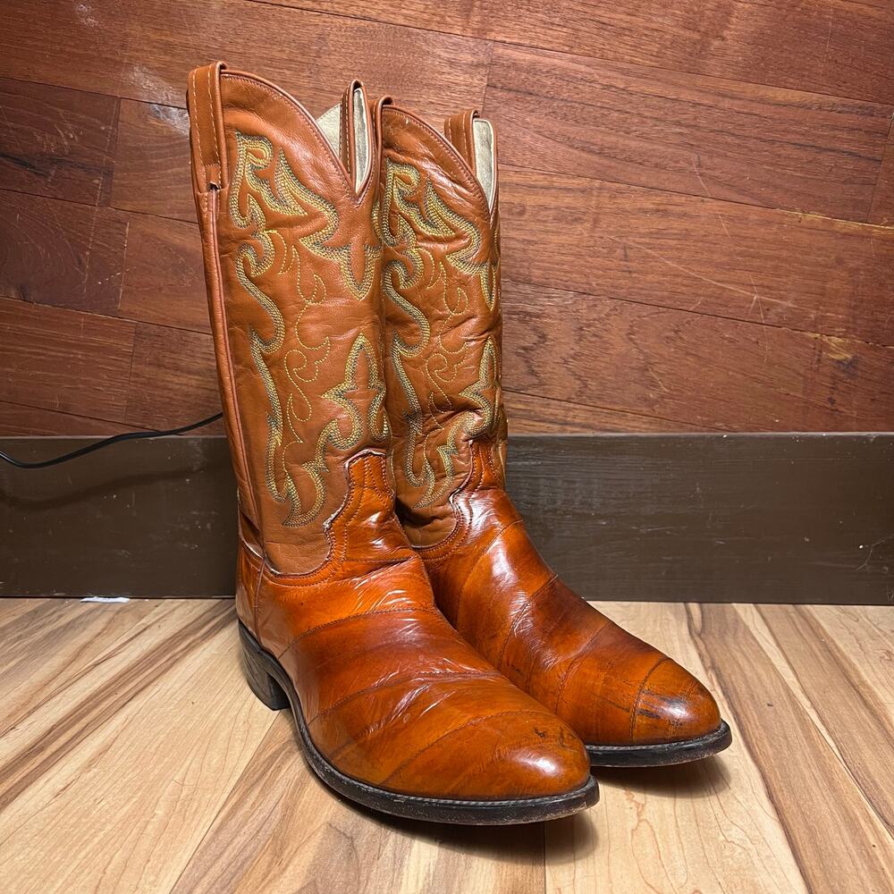 VINTAGE Dan Post Eel Cowboy Boots Size 11D Exotic Western Butterscotch Orange